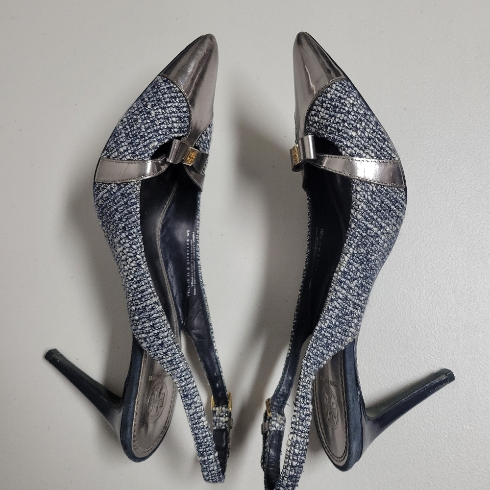 Tory Burch Tweed Metallic Bow Detail Pointy Toe Sling Back Heels. - Picture 5 of 16